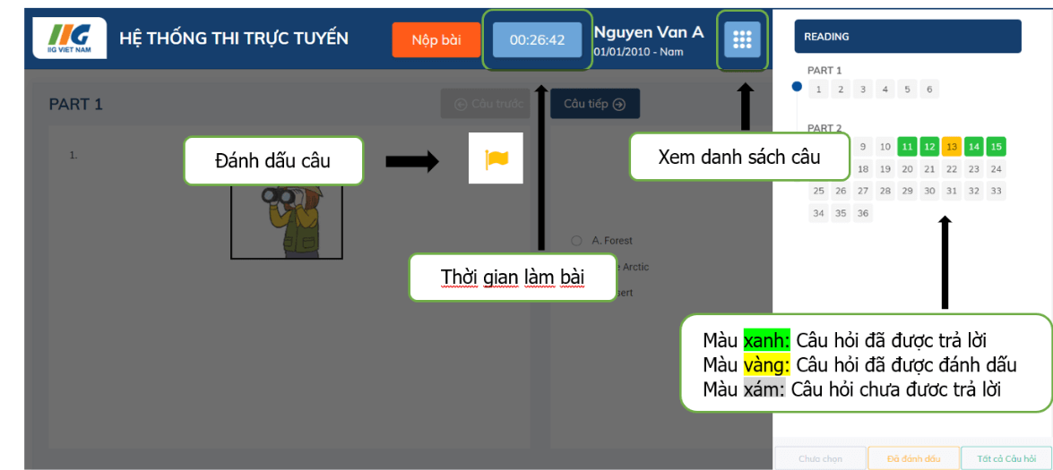 Giao diện làm bài thi trải nghiệm trực tuyến toefl primary